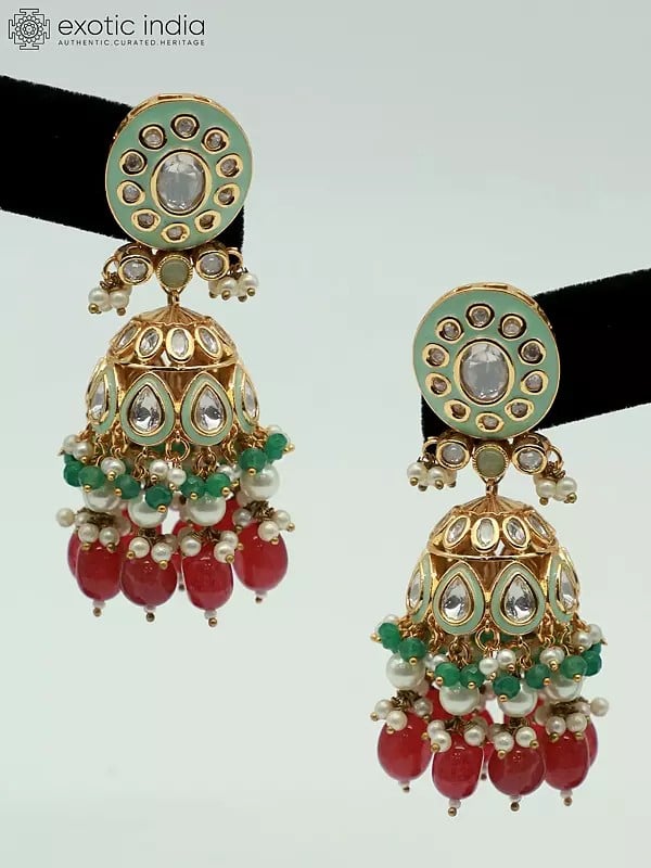 Exotic India Stunning Stone Studded And Beaded Embellished Choker Necklace With Earrings And Mangtika 