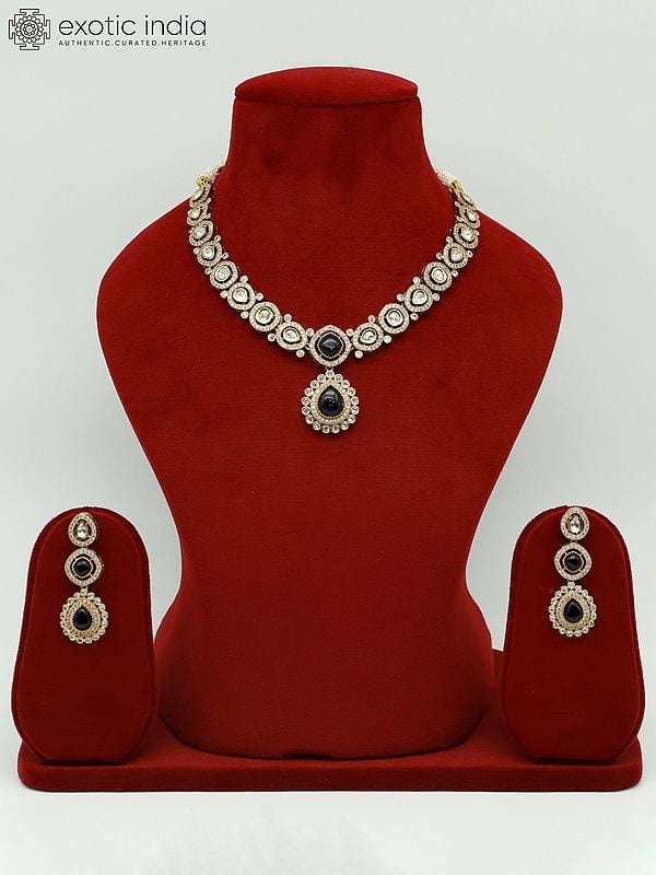 exotic india Stunning Stone Studded Mother Of Pearl Necklace With Matching Earrings 