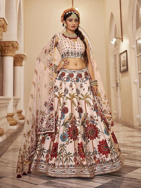 Exotic India Stunning Tropical Floral Print And Sequins Work Art Silk Lehenga Choli With Dupatta 