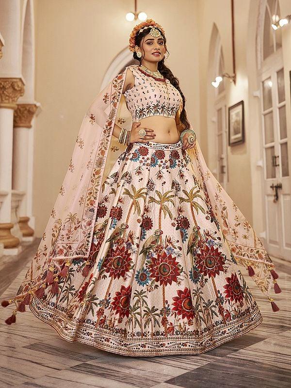 Exotic India Stunning Tropical Floral Print And Sequins Work Art Silk Lehenga Choli With Dupatta 