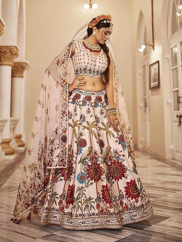 Exotic India Stunning Tropical Floral Print And Sequins Work Art Silk Lehenga Choli With Dupatta 