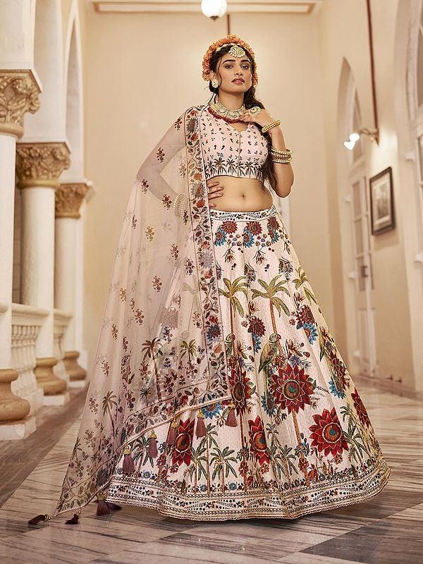 exotic india Stunning Tropical Floral Print And Sequins Work Art Silk Lehenga Choli With Dupatta 