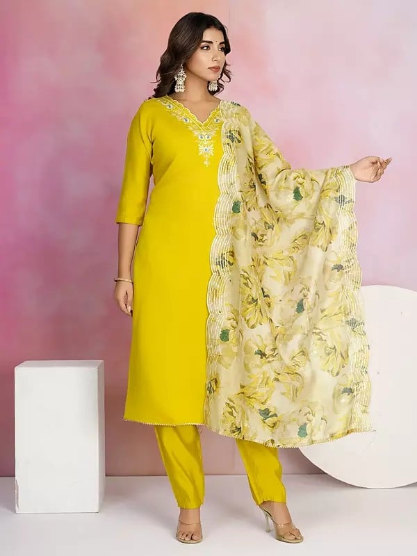 Exotic India Stunning Viscose Chanderi Embroidery Work Kurta Set With Floral Print Dupatta 