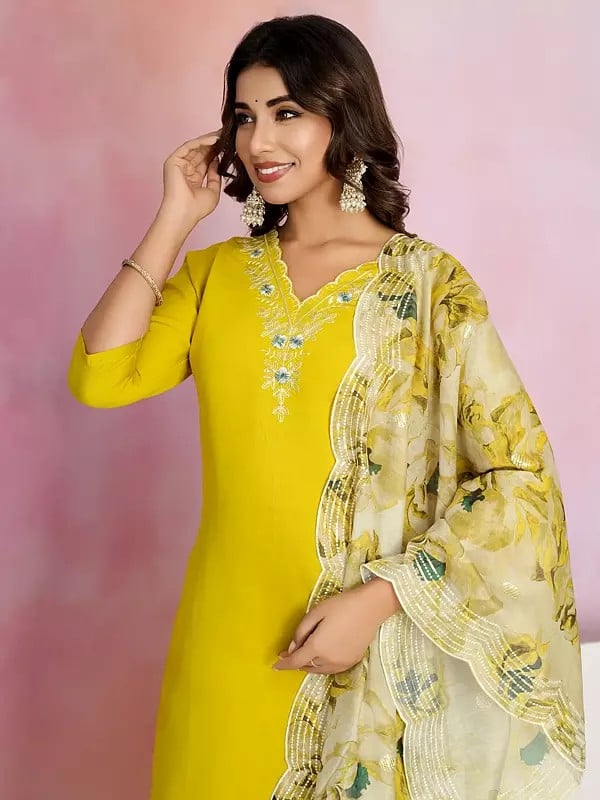 Exotic India Stunning Viscose Chanderi Embroidery Work Kurta Set With Floral Print Dupatta 