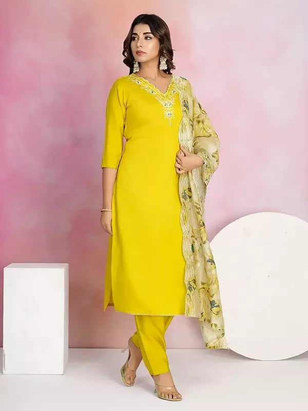 exotic india Stunning Viscose Chanderi Embroidery Work Kurta Set With Floral Print Dupatta 