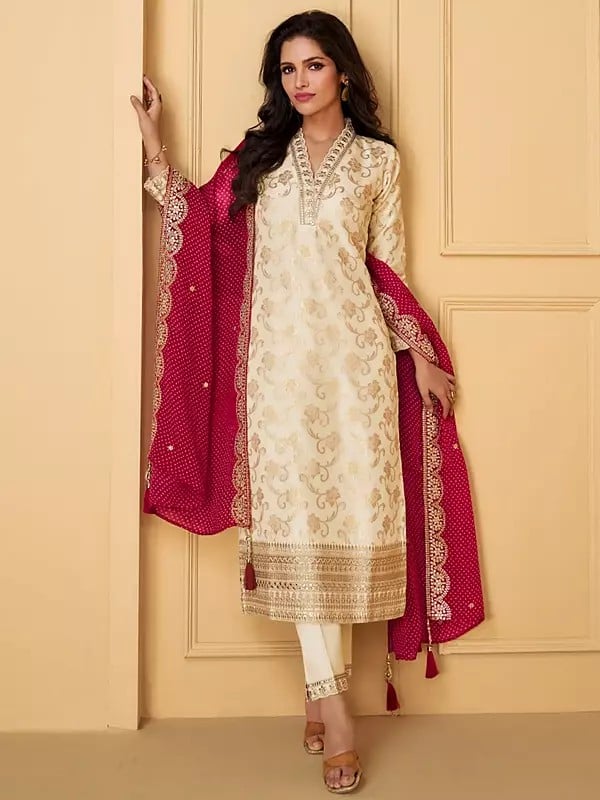Exotic India Stunning Viscose Weaving And Embroidery Work V-Neck Festive Wear Kurta With Dupatta 