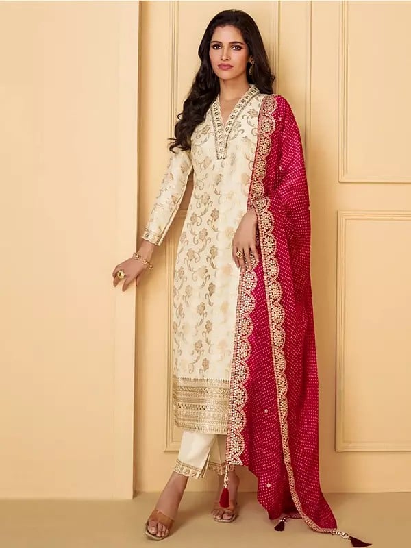 exotic india Stunning Viscose Weaving And Embroidery Work V-Neck Festive Wear Kurta With Dupatta 