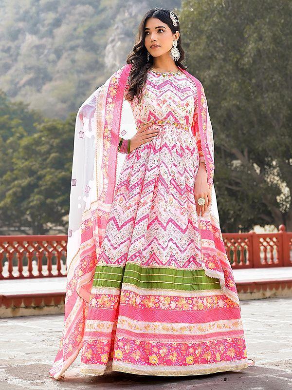 Exotic India Stunning Zig-Zag Pattern Flared Soft Dola Silk Wedding Wear Anarkali Gown With Matching Chinon Dupatta 