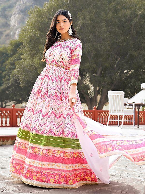 Exotic India Stunning Zig-Zag Pattern Flared Soft Dola Silk Wedding Wear Anarkali Gown With Matching Chinon Dupatta 