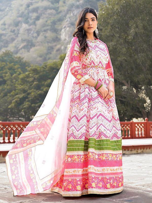 Exotic India Stunning Zig-Zag Pattern Flared Soft Dola Silk Wedding Wear Anarkali Gown With Matching Chinon Dupatta 