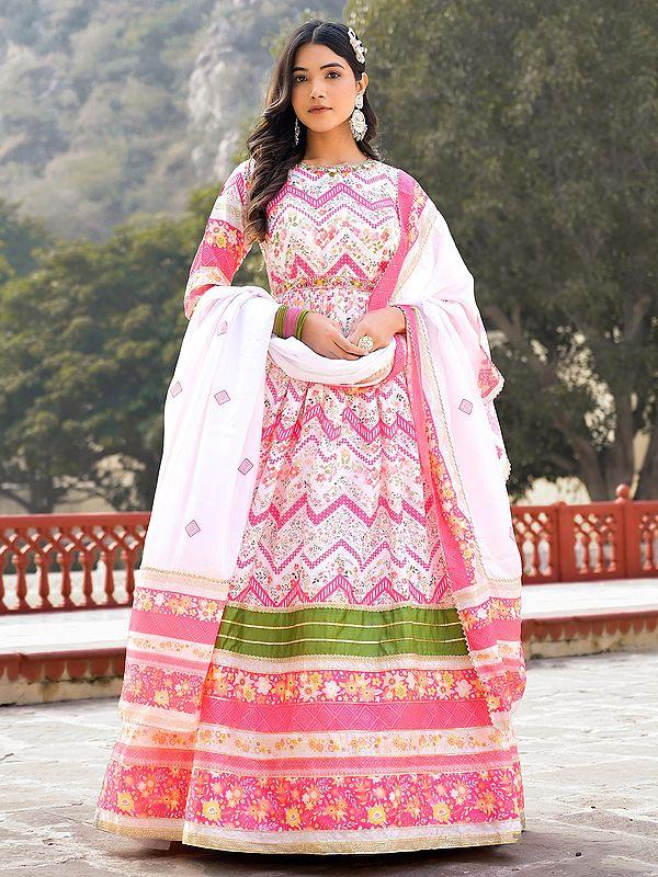 exotic india Stunning Zig-Zag Pattern Flared Soft Dola Silk Wedding Wear Anarkali Gown With Matching Chinon Dupatta 