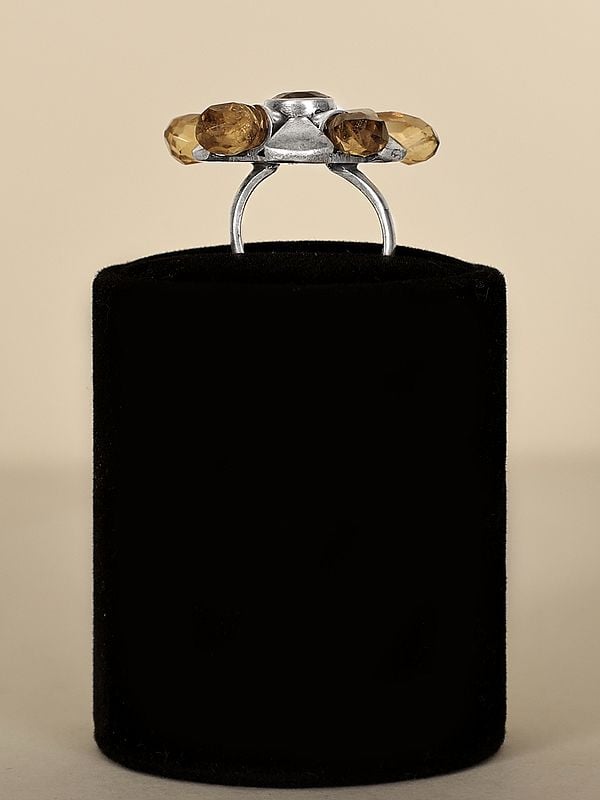 Exotic India Stylish Floral Design Sterling Silver Ring With Gemstone 