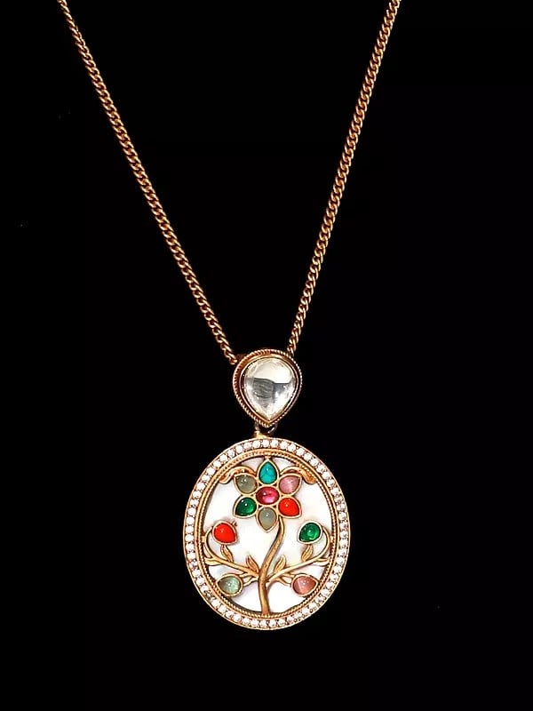 Exotic India Stylish Multicolor Stone Studded Pendant Set With Earrings 