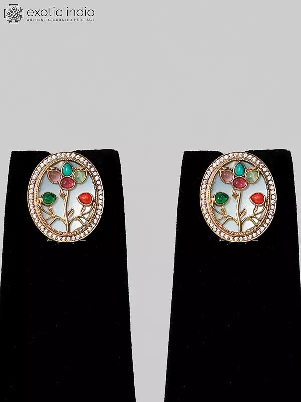 Exotic India Stylish Multicolor Stone Studded Pendant Set With Earrings 