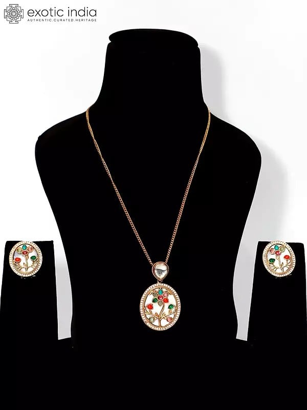 exotic india Stylish Multicolor Stone Studded Pendant Set With Earrings