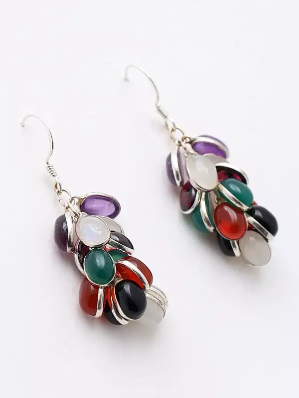Exotic India Stylish Sterling Silver Earring With Multiple Gemstones