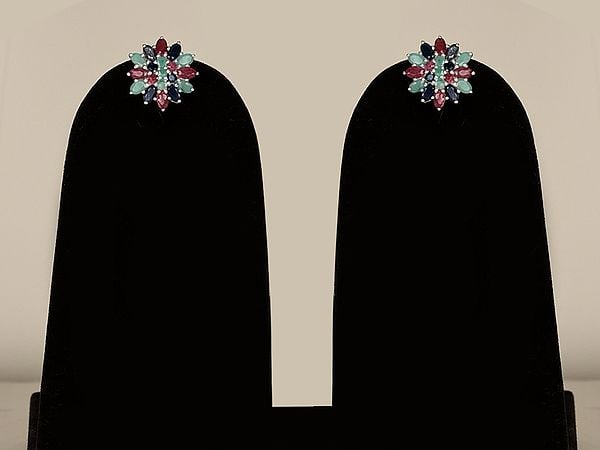 exotic india Stylish Sterling Silver Earring with Multiple Gemstones