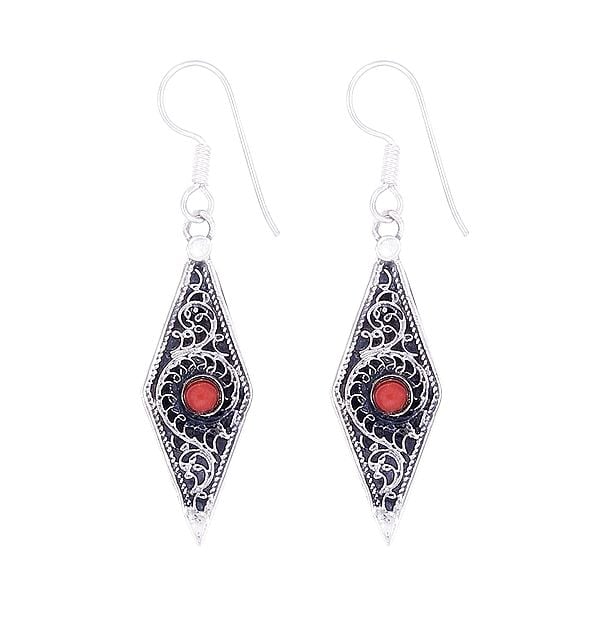 exotic india Stylish Sterling Silver Earrings with Coral Stone 