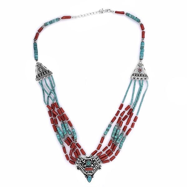 exotic india Stylish Sterling Silver Necklace with Coral and Turquoise Stone 