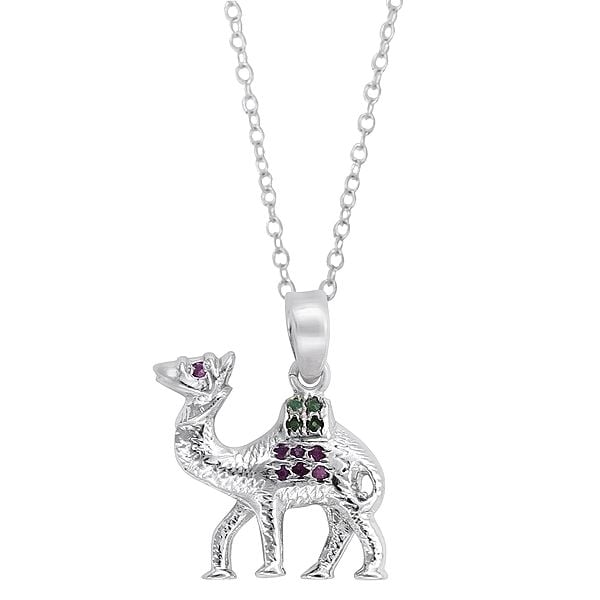 Exotic India Stylish Sterling Silver Pendant With Ruby And Sapphire Emerald