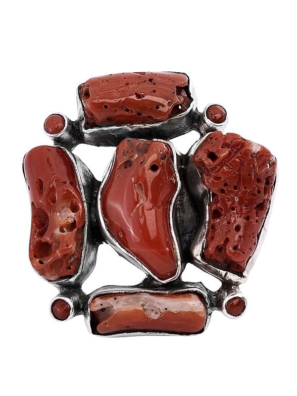 Exotic India Stylish Sterling Silver Ring With Coral Gemstone 