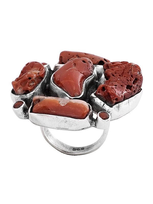 exotic india Stylish Sterling Silver Ring with Coral Gemstone 