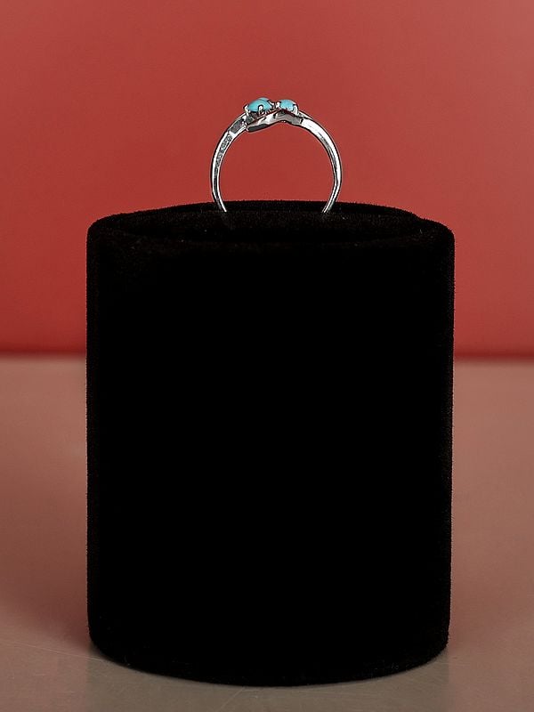 Exotic India Stylish Sterling Silver Ring With CZ And Blue Turquoise Stone 