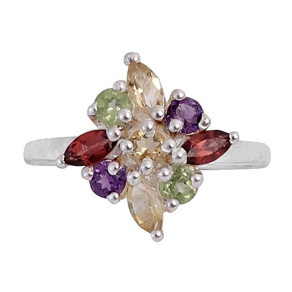 Exotic India Stylish Sterling Silver Ring With Garnet Stone 