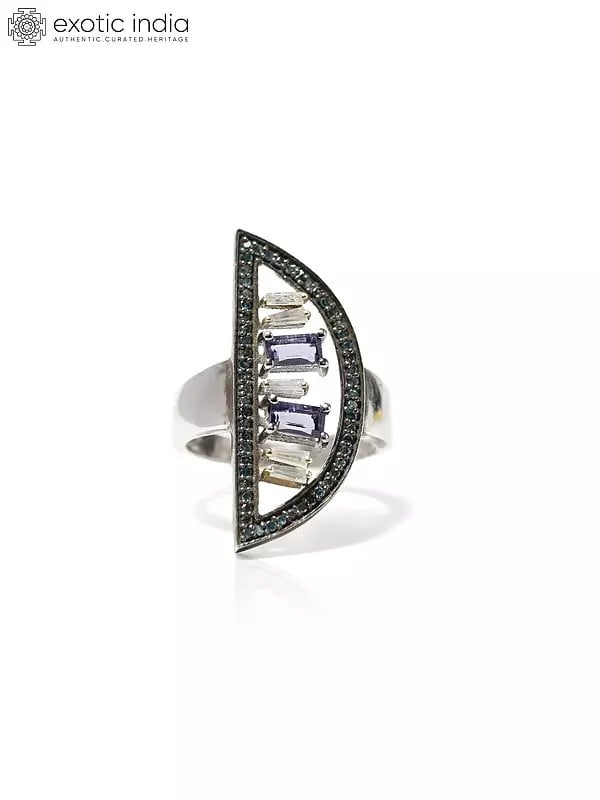 Exotic India Stylish Sterling Silver Ring With Iolite Gemstone