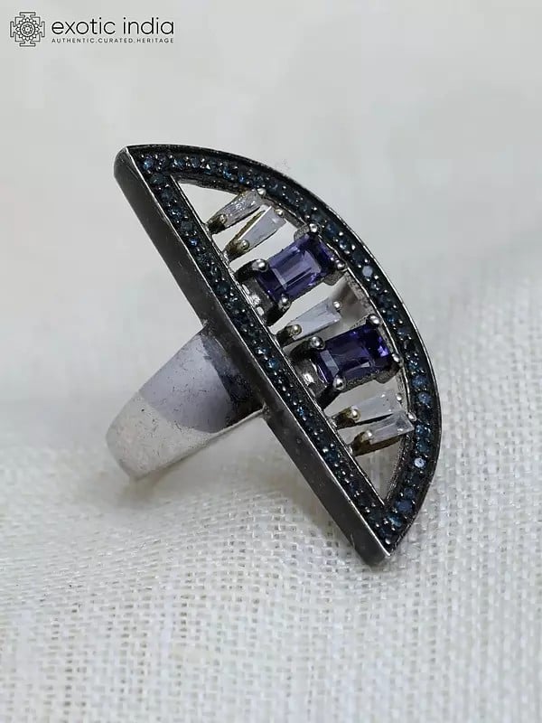 Exotic India Stylish Sterling Silver Ring With Iolite Gemstone