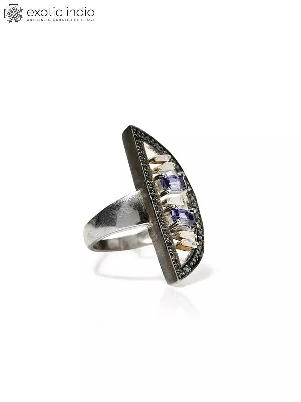 exotic india Stylish Sterling Silver Ring with Iolite Gemstone 