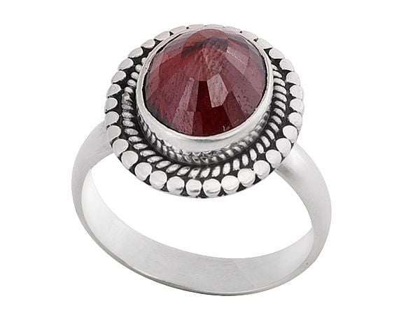 Exotic India Stylish Sterling Silver Ring With Red Stone 