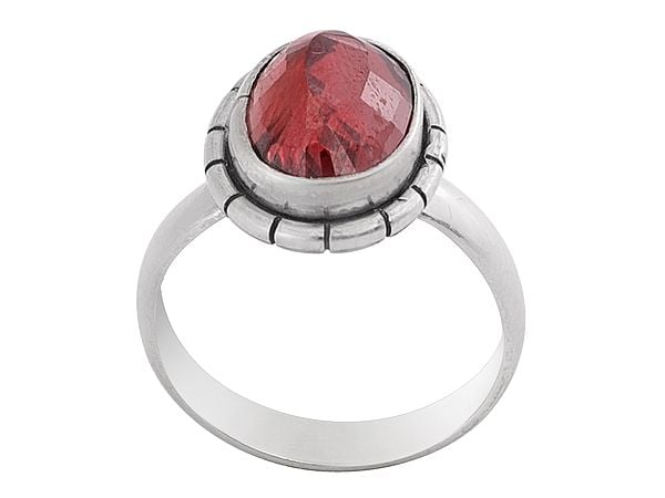 Exotic India Stylish Sterling Silver Ring With Red Stone 