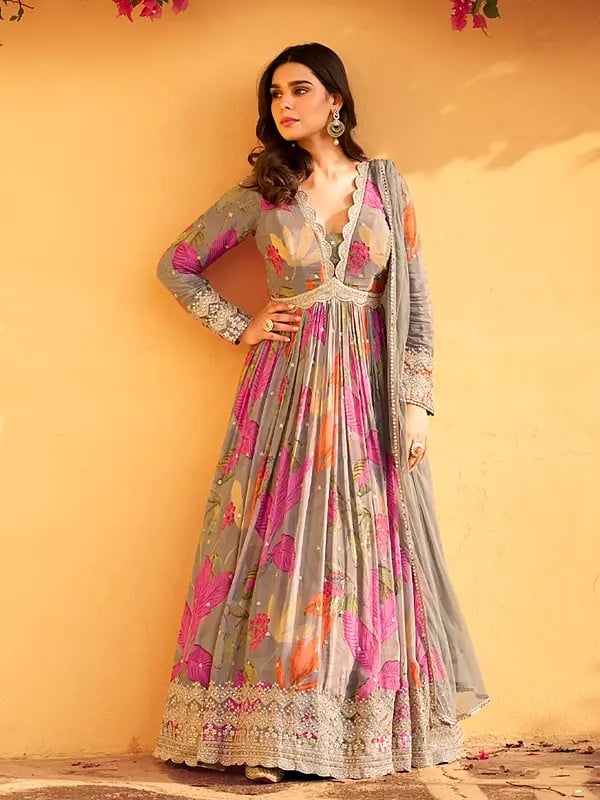 exotic india Stylish Thread Embroidery And Floral Print Festive Wear Chinon Anarkali Gown With Net Dupatta