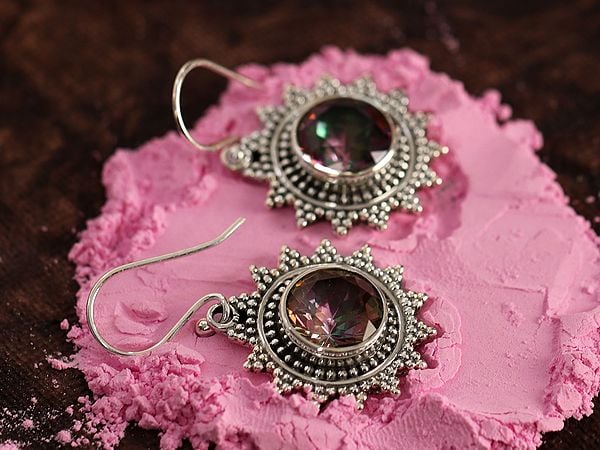 Exotic India Sun-Shaped Mystic Topaz | Sterling Silver Earrings