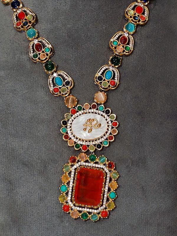 Exotic India Sunrise Orange Long Studded Necklace Set With Earrings