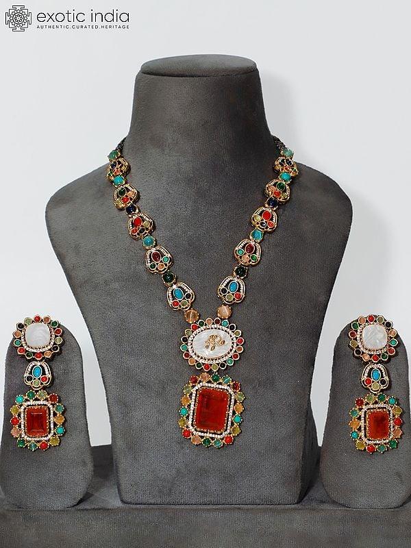 exotic india Sunrise Orange Long Studded Necklace Set With Earrings 
