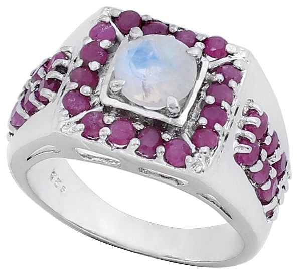 exotic india Super Fine Rainbow Moonstone Ring with Rubies Made in Sterling Silver 