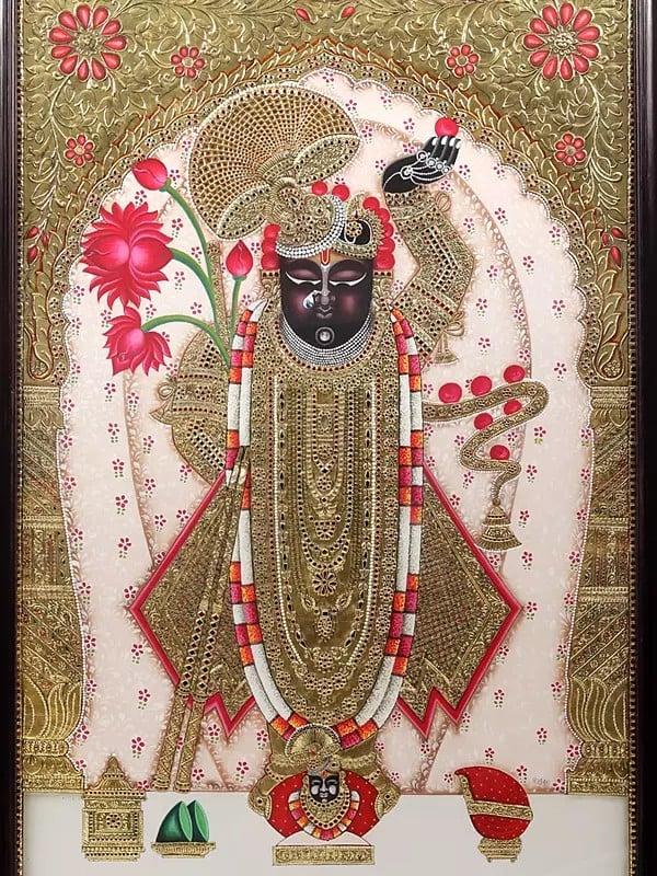 Exotic India Super Large Size Shrinath Ji | Framed Tanjore Painting | Traditional Colors With 24 Karat Gold