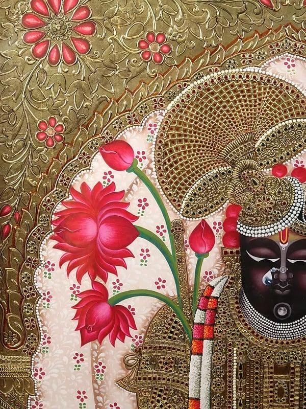 Exotic India Super Large Size Shrinath Ji | Framed Tanjore Painting | Traditional Colors With 24 Karat Gold