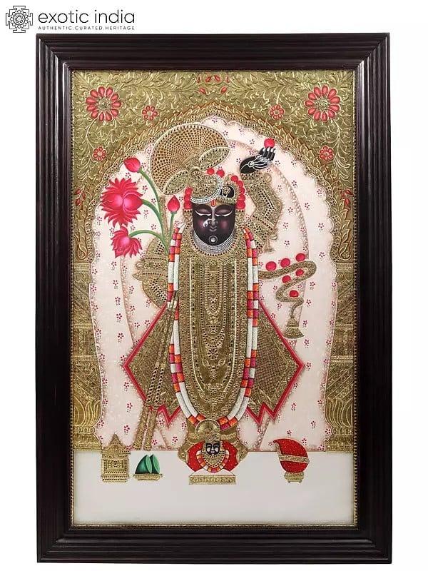 exotic india Super Large Size Shrinath Ji | Framed Tanjore Painting | Traditional Colors with 24 Karat Gold