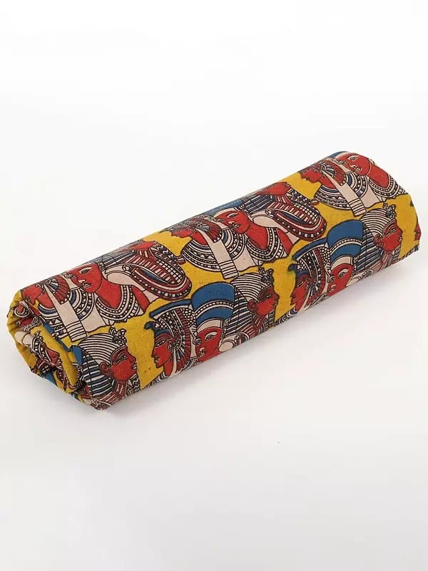 Exotic India Super-Lemon Color Pure Cotton Fabric With Kalamkari Blocked Printed 