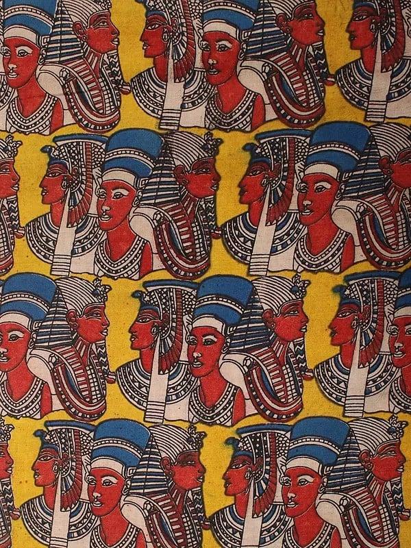 Exotic India Super-Lemon Color Pure Cotton Fabric With Kalamkari Blocked Printed 