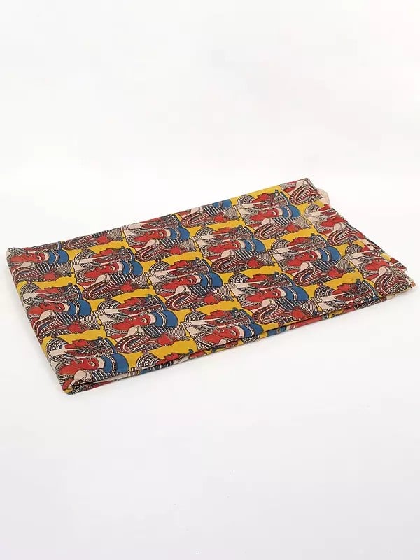 exotic india Super-Lemon Color Pure Cotton Fabric With Kalamkari Blocked Printed 