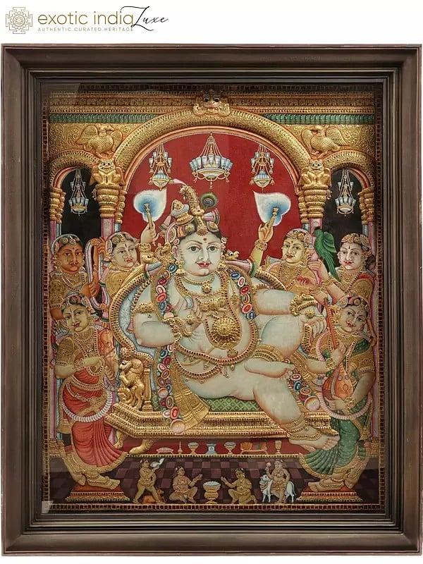 exotic india Superfine Darbar Krishna | Embossed Tanjore Painting | With Vintage Teakwood Frame