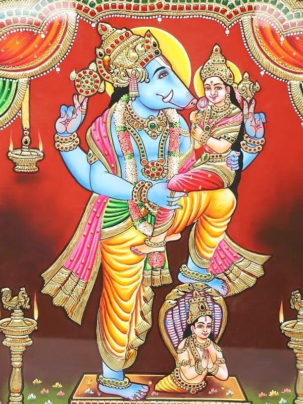 Exotic India Superfine Lord Varaha With Goddess Lakshmi | 24 Karat Gold Work | Framed Tanjore Painting
