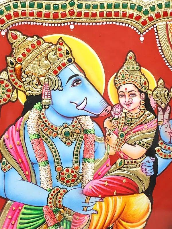 Exotic India Superfine Lord Varaha With Goddess Lakshmi | 24 Karat Gold Work | Framed Tanjore Painting