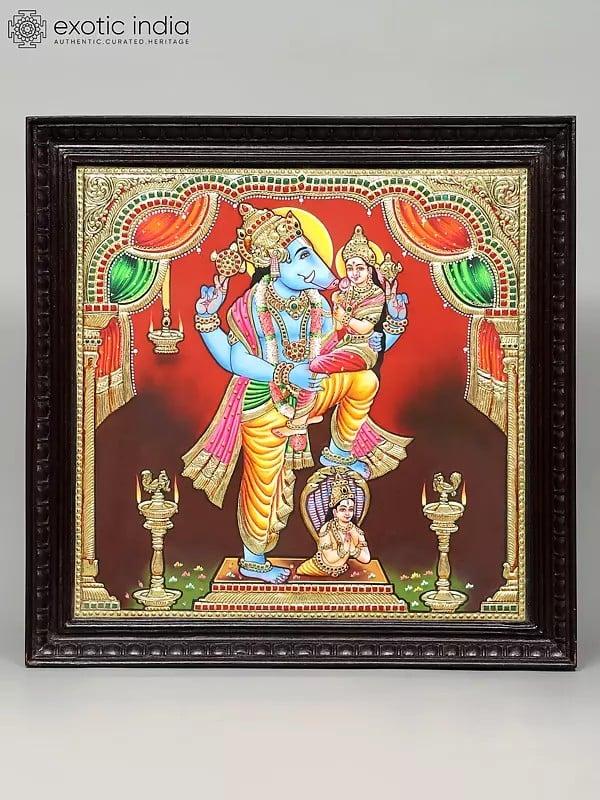 exotic india Superfine Lord Varaha with Goddess Lakshmi | 24 Karat Gold Work | Framed Tanjore Painting
