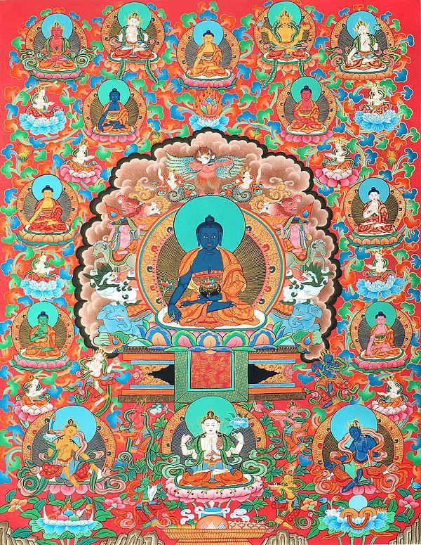 exotic india Superfine Medicine Buddha On The Six-Ornament Throne of Enlightenment in His Universe - Tibetan Buddhist Brocadeless Thangka 
