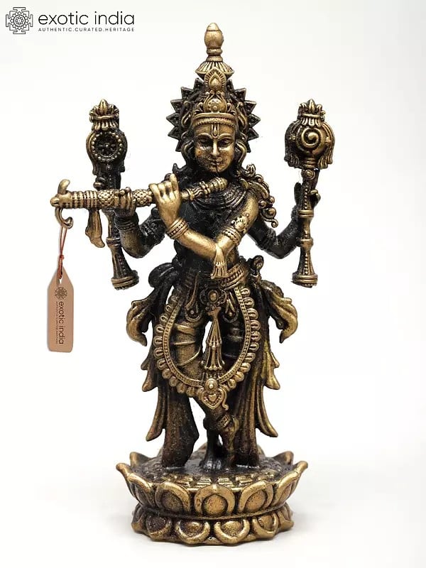 exotic india Superfine Shri Krishna – The Divine Flute Player with Shankha and Chakra | Ideal for Puja 